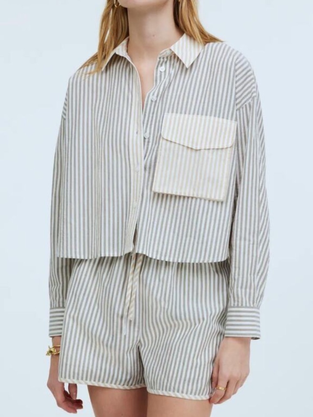 Madewell Striped Button-Up Shirt in Poplin Flap Pocket Cropped Tan Size XL